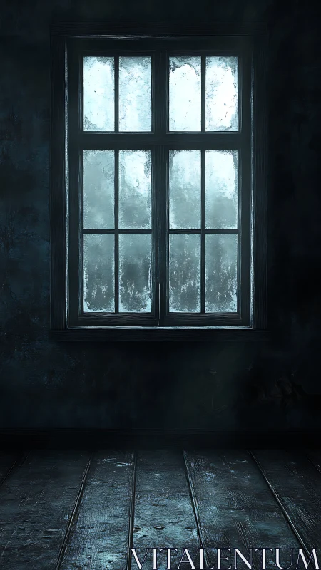 Frosted multi-pane window in dim abandoned interior space