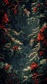 Dark forest framed by evergreen branches and red berries.
