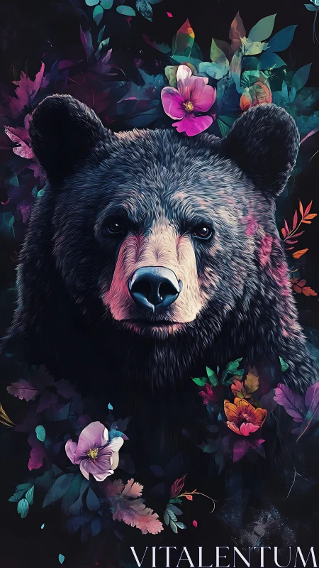 Floral crowned bear portrait in luminous digital bloom.