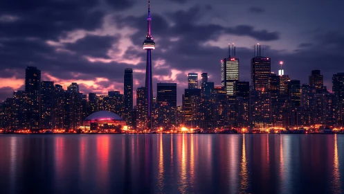 Toronto skyline glows over calm harbor under twilight clouds