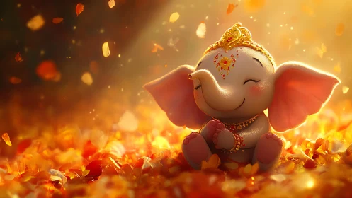 Radiant baby elephant deity rendered in warm bokeh lighting