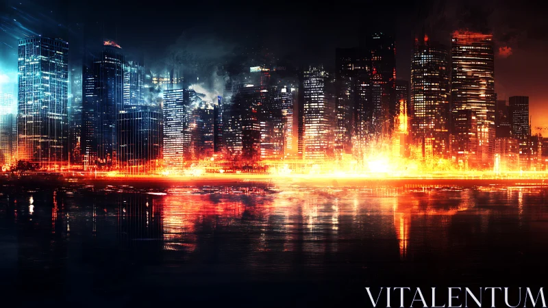 Cyberpunk city skyline with neon inferno reflections.