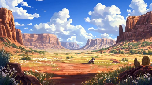 Digital painting of desert canyon vista with lone rider focus.
