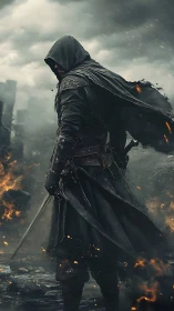 Hooded rogue strides through storm and fire with drawn blade.