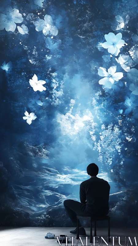 Quiet blue dreamscape where a lone thinker meets the sky.