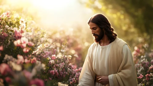 Gentle robed figure walking quietly through radiant flowers.