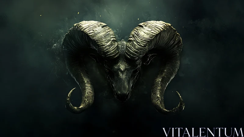 Ram skull with sweeping horns emerges from dark void