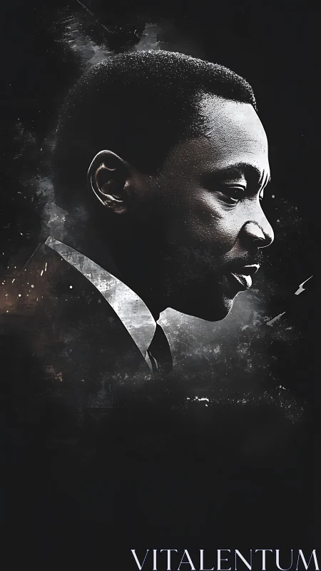 Side-profile portrait of man in suit on dark textured field