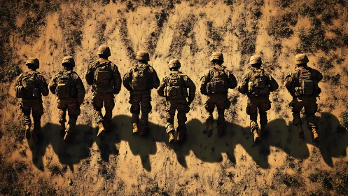 United soldiers stride together across sunlit sandy ground.