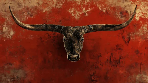 Longhorn shadow totem on burned umber prairie wall.