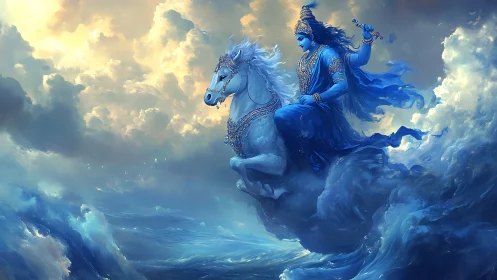 Celestial deity astride luminous horse above stormy sea.