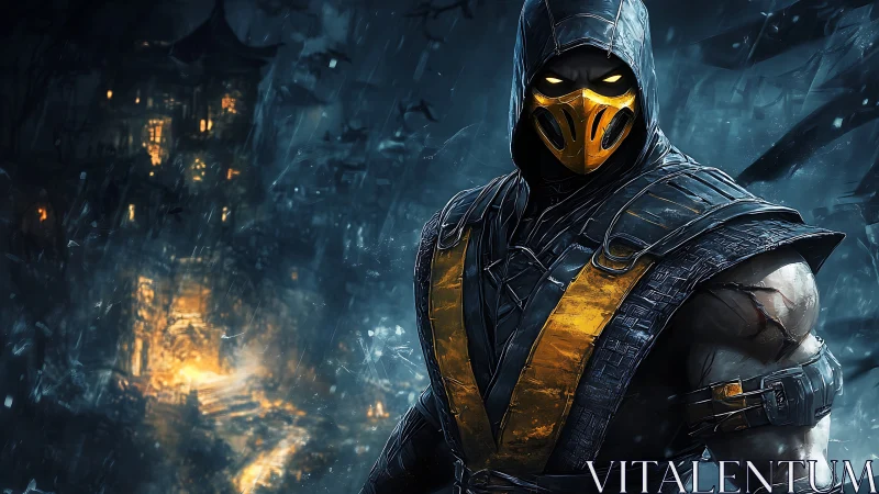 Stormlit masked warrior glaring through neon-soaked ruins.