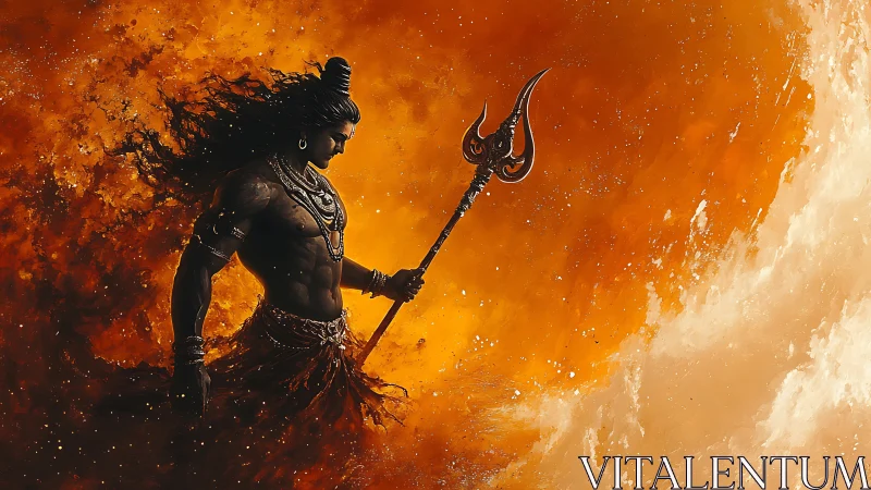 Divine warrior with trident amid swirling orange cosmic nebula