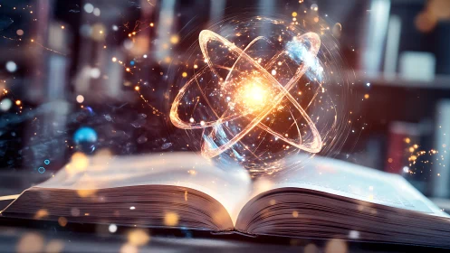 Open textbook with glowing atomic model and light trails.