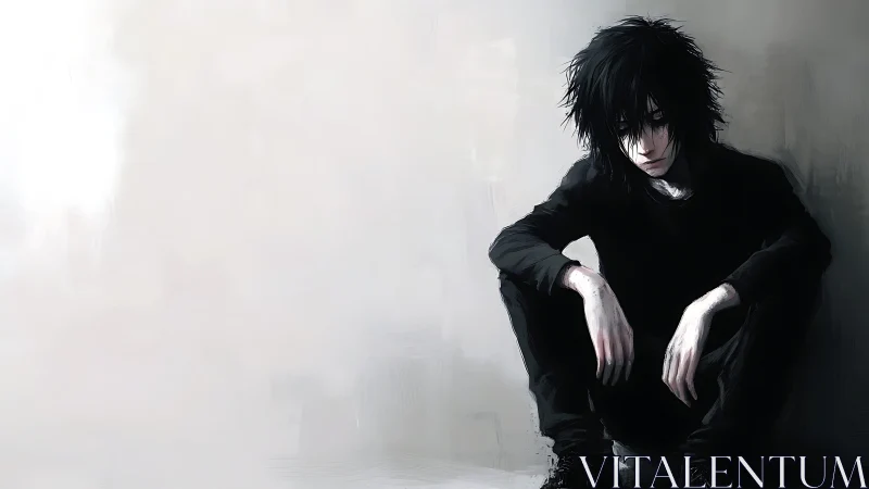 Digital painting of solitary boy in desaturated minimalist space.