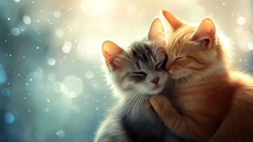 Two Cats Nuzzling with Glowing Light Background