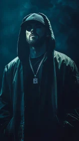 Hooded man in low key studio portrait stands in dramatic light