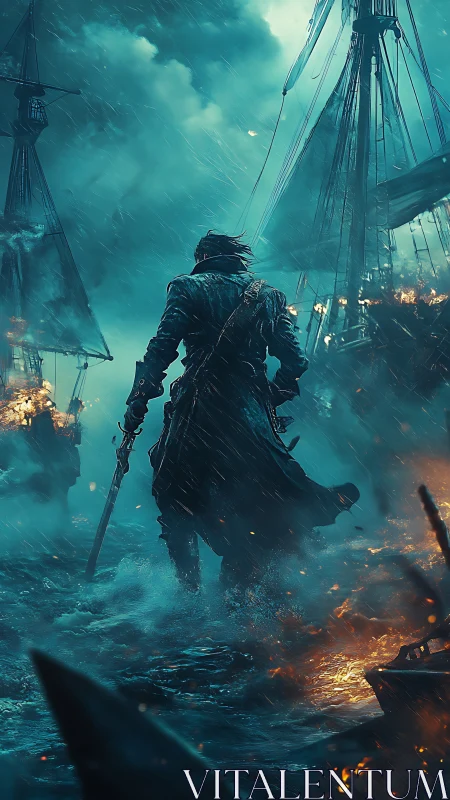 Stormlit pirate strides through firelit midnight waves.