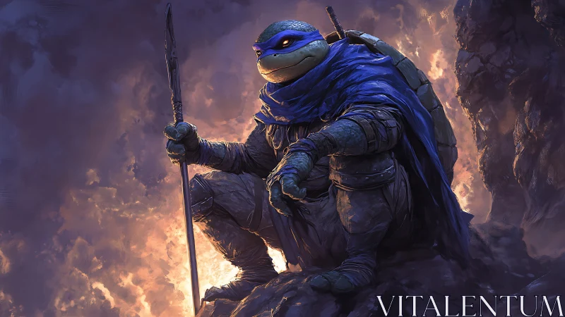 Armored humanoid turtle sits on rocky ledge holding staff