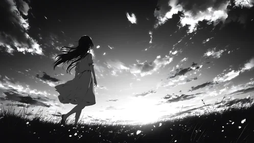 Backlit anime silhouette in high-contrast monochrome sunset field
