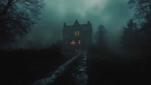 Lantern-lit manor swallowed by teal fog and whispered roads.