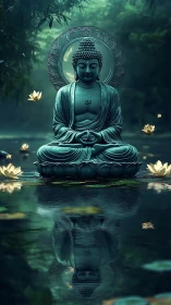 Serene Buddha statue rests over misty lotus pond at dusk