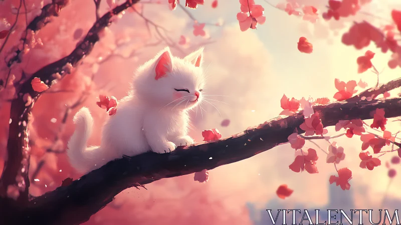 White kitten perched on branch with pink cherry blossoms in soft-focus backlit composition