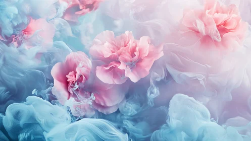 Dreamy pink blossoms drift softly through pastel clouds