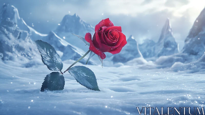 Red Rose Blooms in Frozen Mountain Wilderness