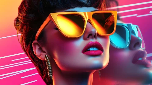 Stylish woman in bold sunglasses, retro neon pop art portrait.