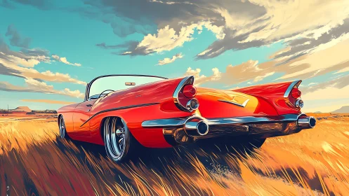 Classic red convertible rendered in stylized digital panorama