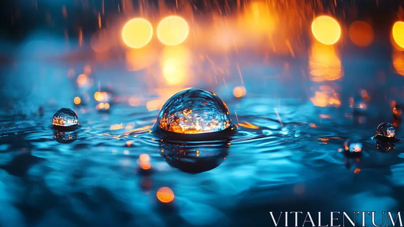 Glowing raindrops dancing on blue water in warm city light.