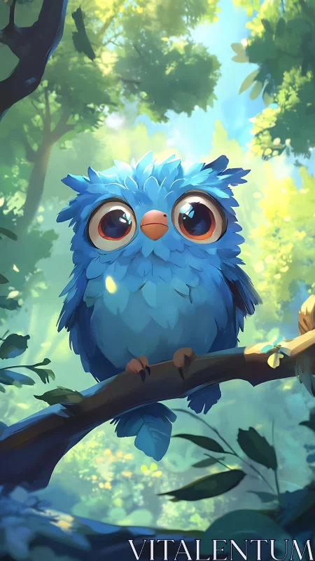 Blue fluffy forest owl with huge eyes on sunlit branch.