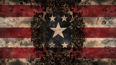 Distressed American flag with central star crest motif.