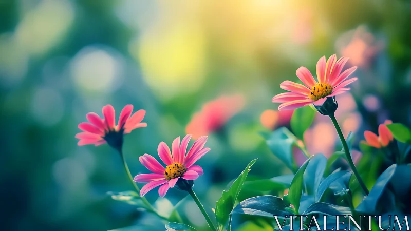 Pink Daisies in Soft Focus Garden Light.
