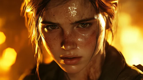 Fierce freckled warrior stands against blazing firelight.