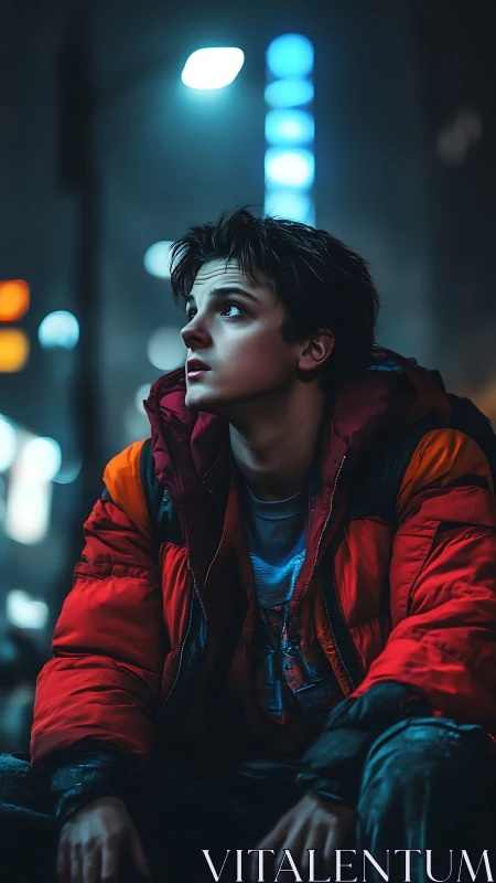 Teenager in red jacket under neon city street lighting.
