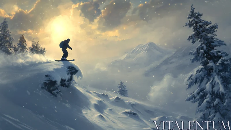 Digital alpine snowscape with silhouetted snowboard descent.