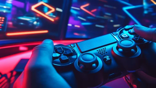 Electric thumbs pilot neon worlds through glowing gamepad