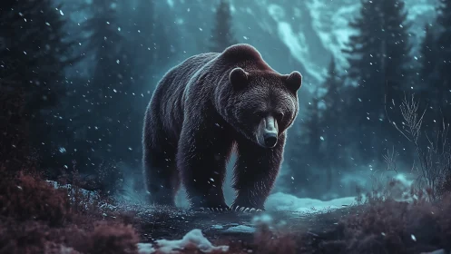 Nocturnal grizzly traversal in volumetric winter forest atmosphere.