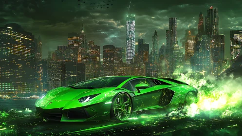 Neon green supercar ignites a futuristic emerald skyline.