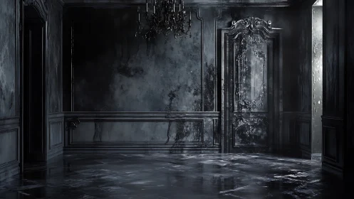 Dark paneled interior with ornate door and chandelier.