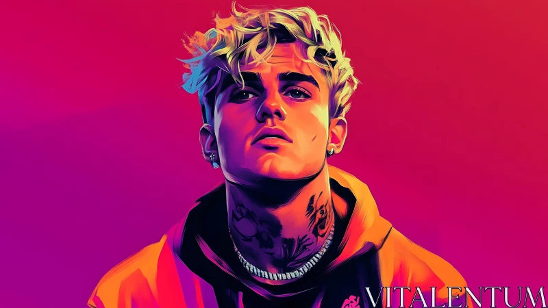 Stylized neon portrait of a young man in hoodie, front view.