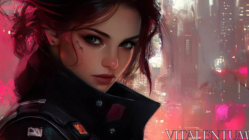 Cyberpunk woman stares through neon haze with guarded intensity