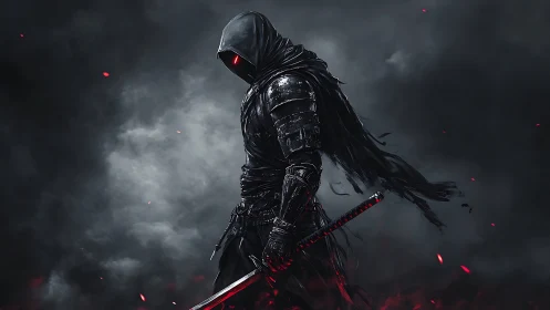 Hooded dark knight with katana stands in cinematic backlight