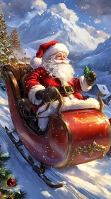 Santa rides red sleigh down snowy alpine mountainside