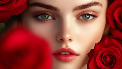 Portrait entwined with scarlet roses in hyperreal detail.