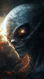 Gentle cosmic alien gazing through starlit nebula glow.