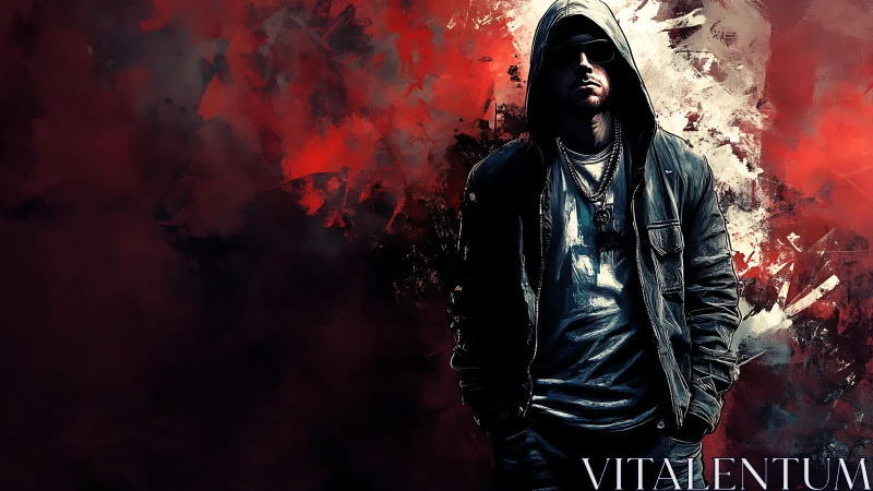 Hooded urban figure in high-contrast digital pigment storm.