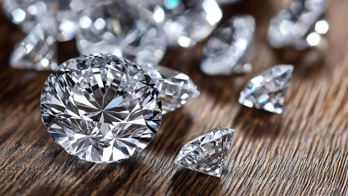 Brilliant cut diamonds scattered on rustic wooden surface.